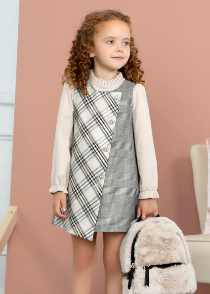 Abel & Lula Girls Beige & Black Pinafore Dress Set – Little 