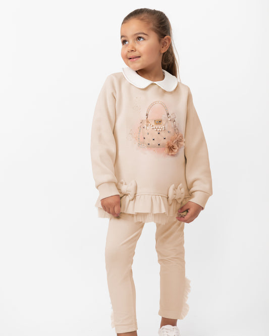 Caramelo Kids Girls Beige Handbag Motif Tracksuit