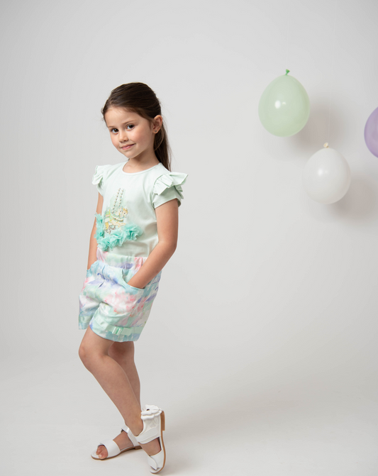 Caramelo Kids Girls Mint Carousel Motif Shorts Set