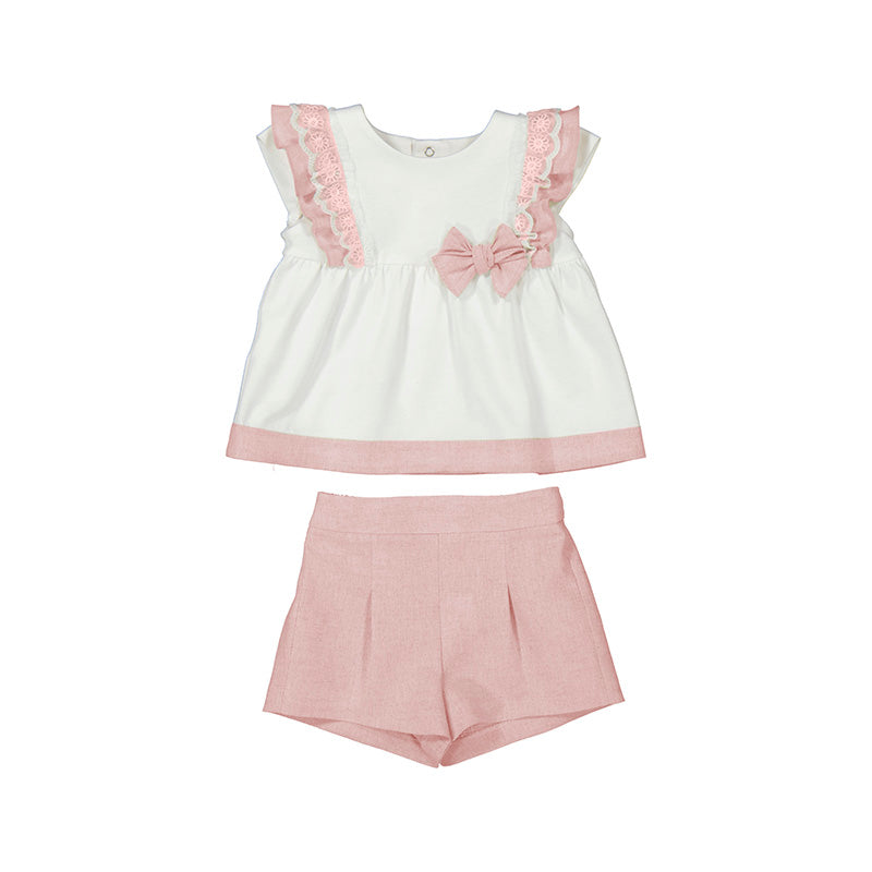 Mayoral Girls Pink & Ivory Cotton & Linen Shorts Set