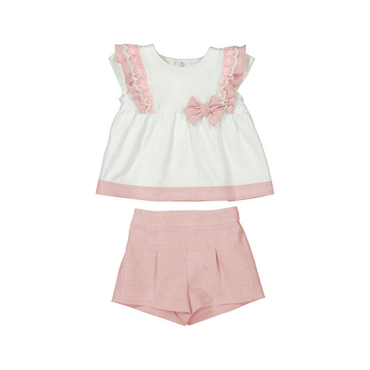 Mayoral Girls Pink & Ivory Cotton & Linen Shorts Set