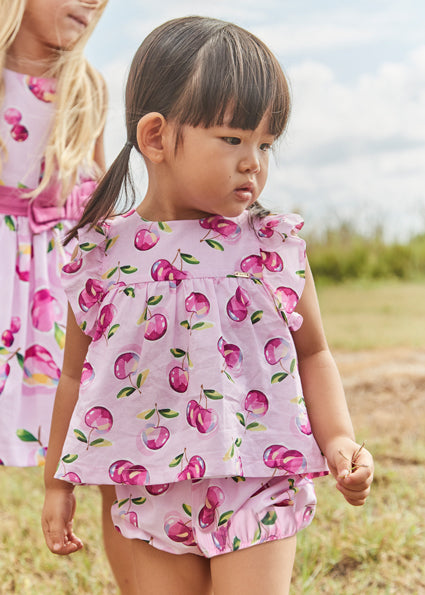 Mayoral Girls Pink Cherry Print Cotton Shorts Set