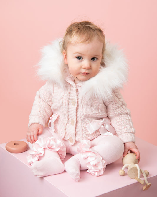 Caramelo Kids Baby Girl Pink Knit Faux Fur Pramsuit