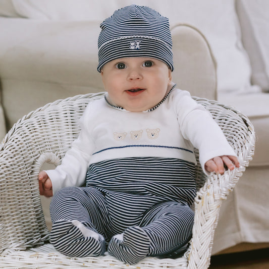 Emile et Rose Jasper Baby Boy Blue & White Cotton Babygrow & Hat