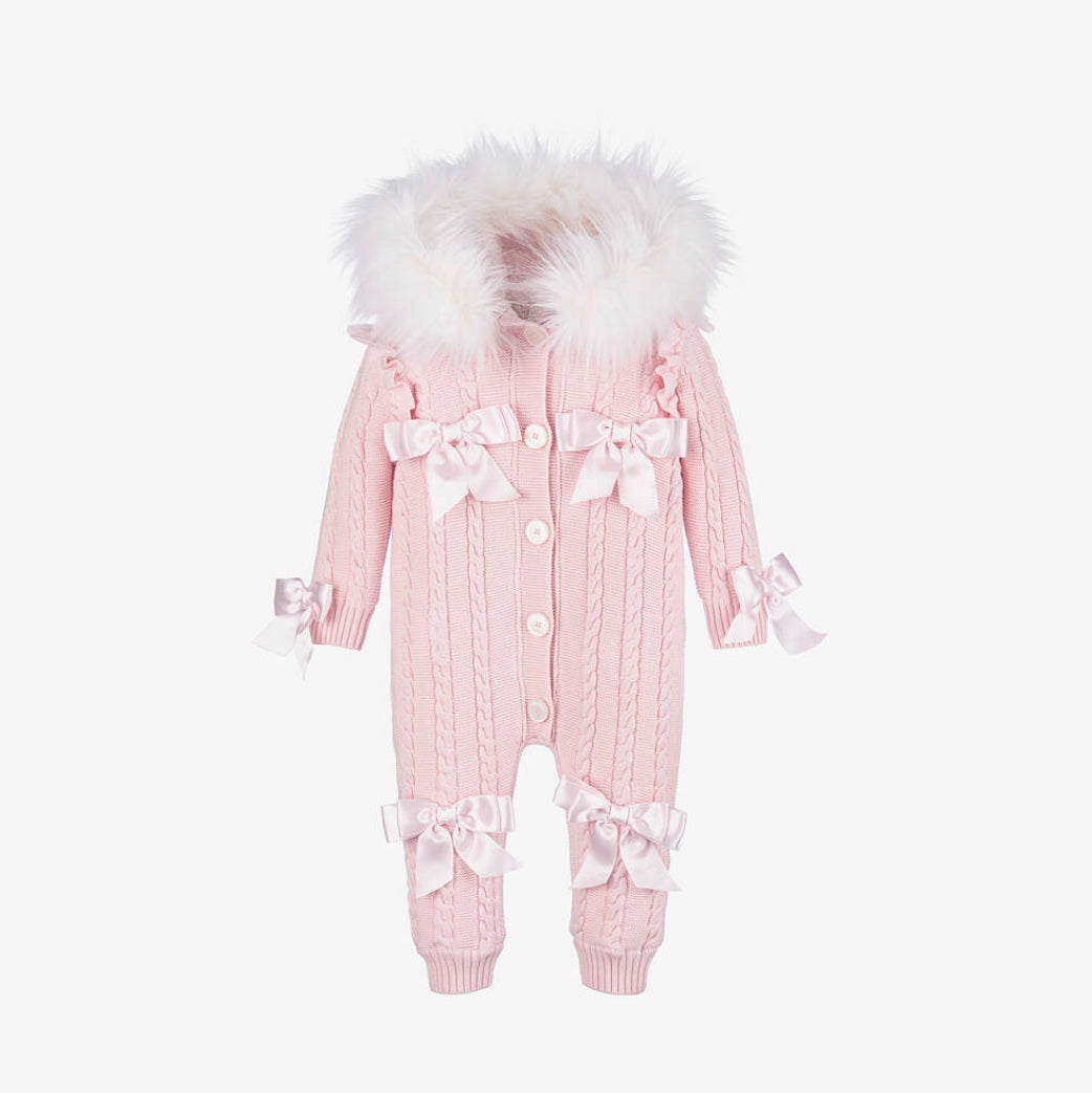 Caramelo Kids Baby Girl Pink Knit Faux Fur Pramsuit