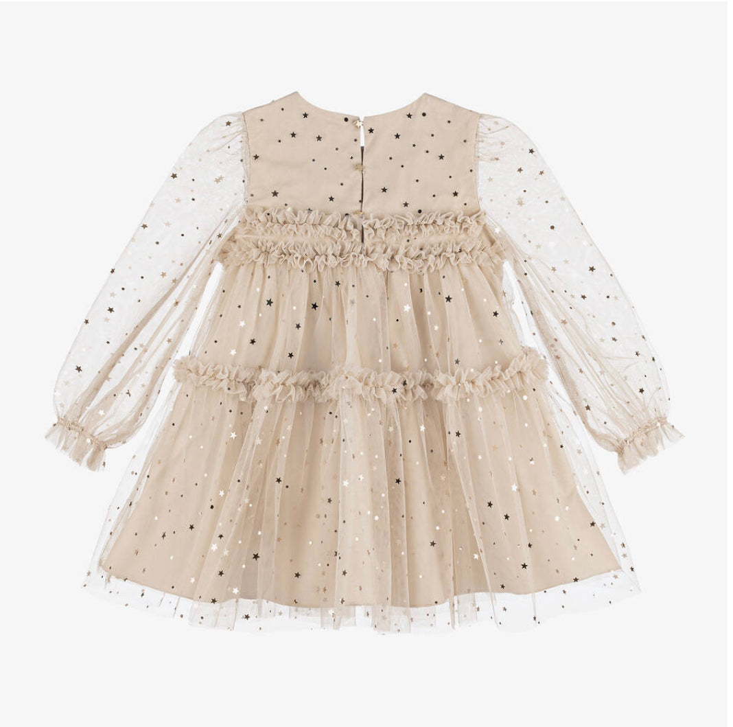 Abel & Lula Girls Beige & Gold Star Tulle Dress