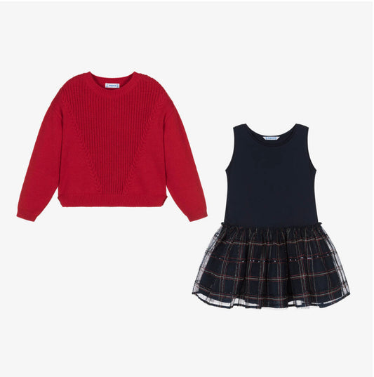 Mayoral Girls Red & Navy Cotton Dress Set