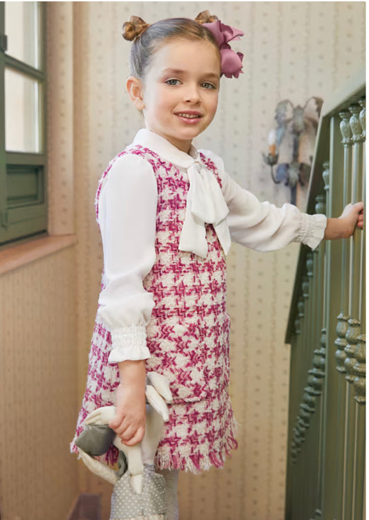 Abel & Lula Girls Pink Houndstooth Tweed Dress