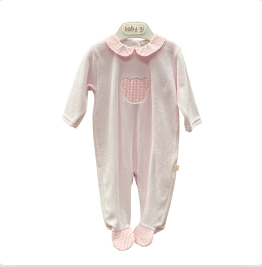 Baby Gi Baby Girl Pink Velour Babygrow with Teddy Motif