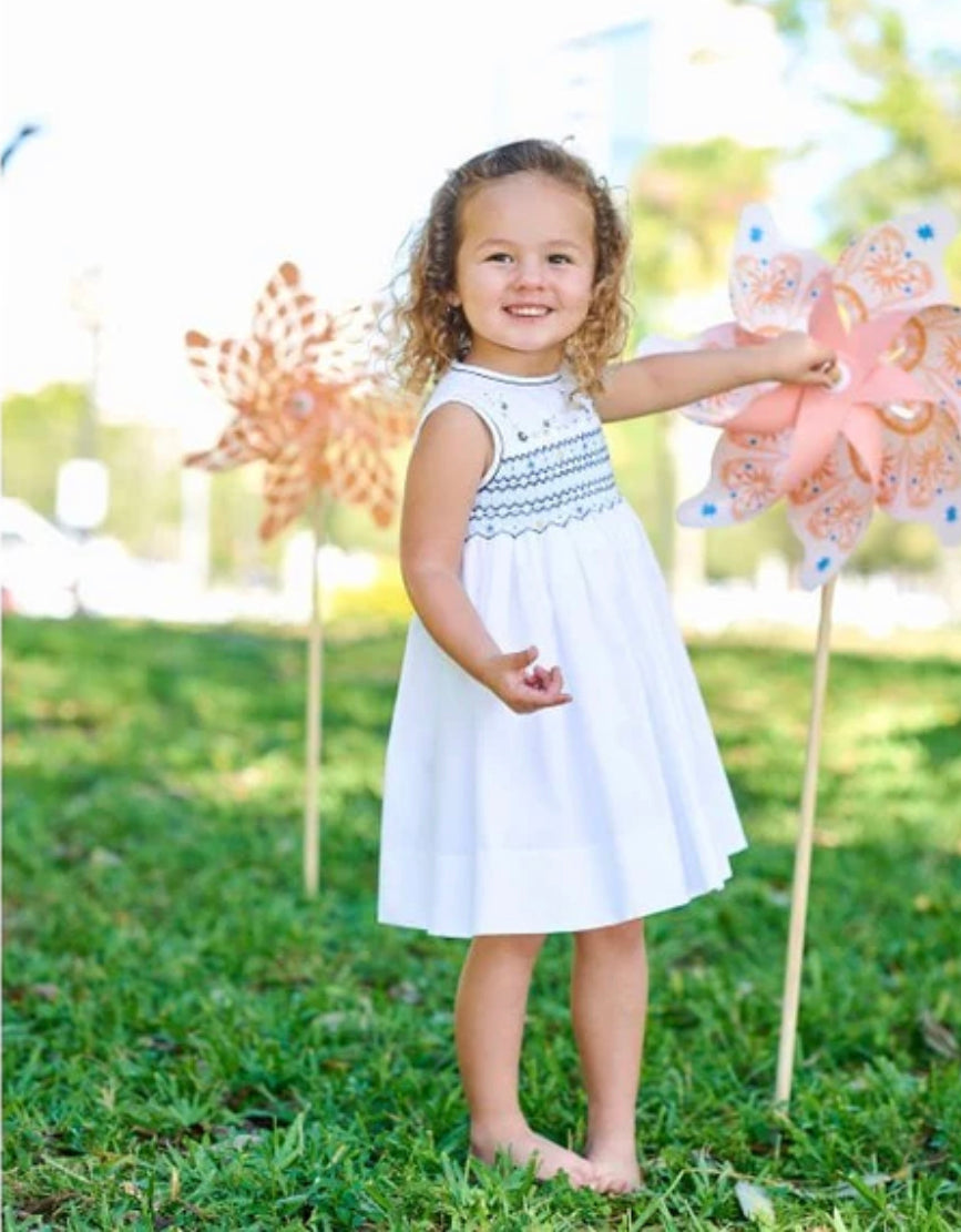 Sarah Louise White Blue Girls Smocked Dress