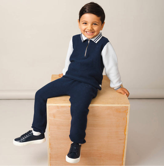 Caramelo Kids Boys Blue Knitted Polo Tracksuit Set