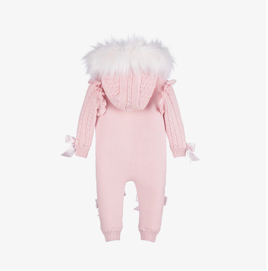 Caramelo Kids Baby Girl Pink Knit Faux Fur Pramsuit