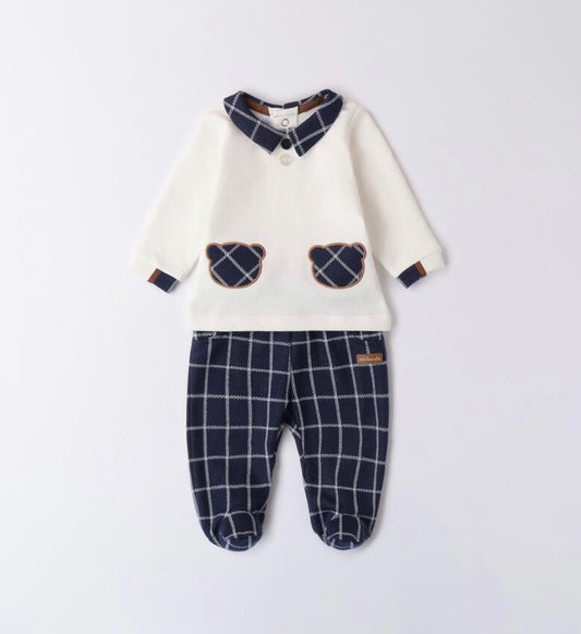 Minibanda Baby Boy Blue & Ivory Teddy Motif Outfit