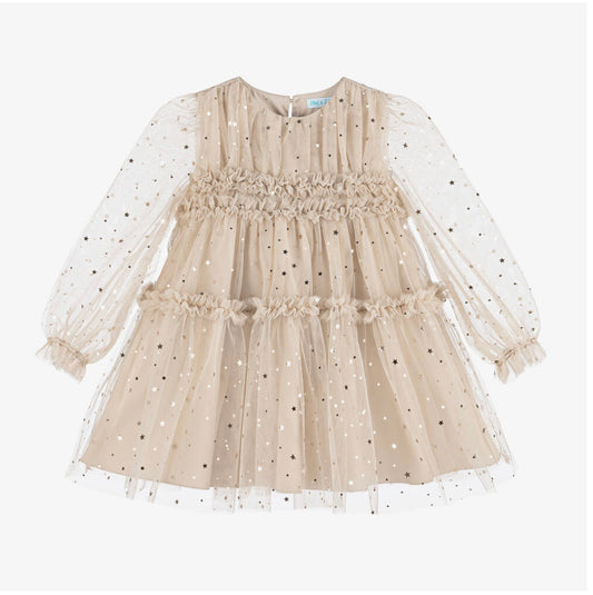 Abel & Lula Girls Beige & Gold Star Tulle Dress