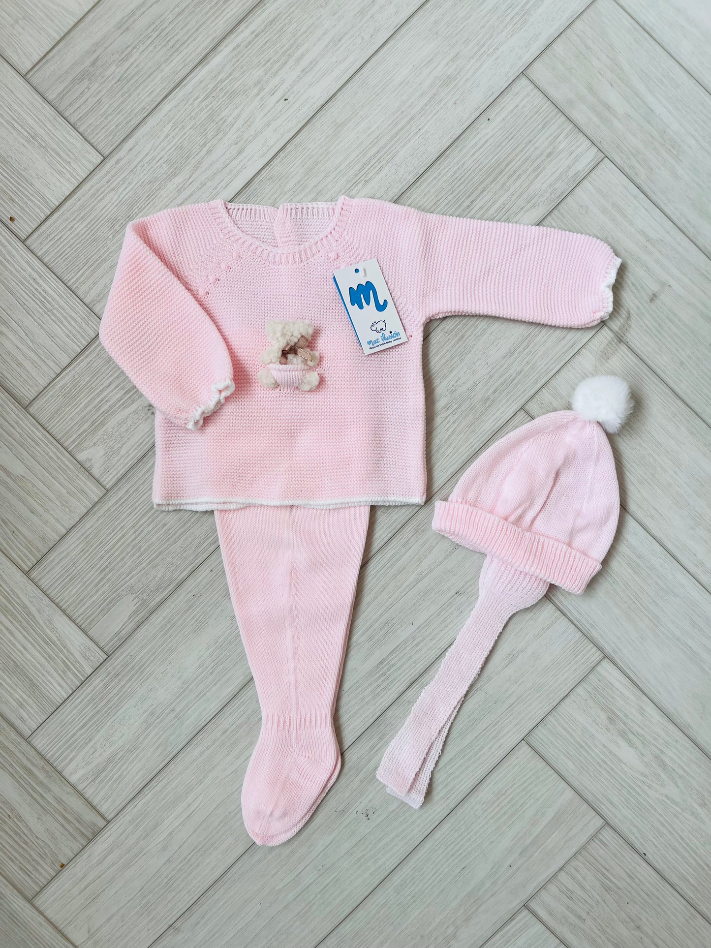 Mac Ilusion Pink Teddy Motif 3 Piece Knit Baby Outfit