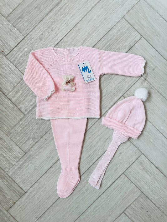 Mac Ilusion Pink Teddy Motif 3 Piece Knit Baby Outfit