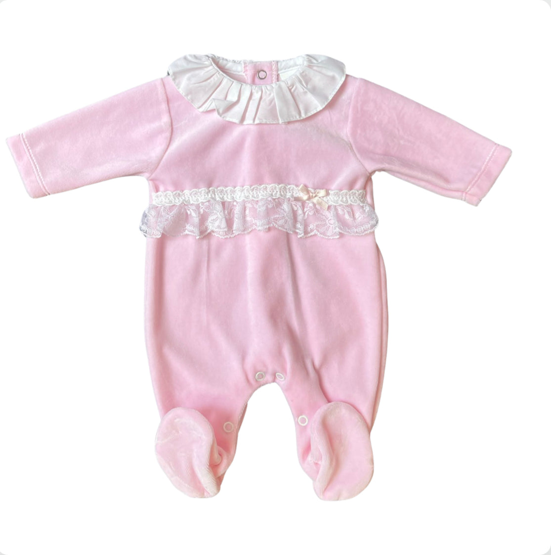 Baby Girl Pink Velour & Lace Babygrow