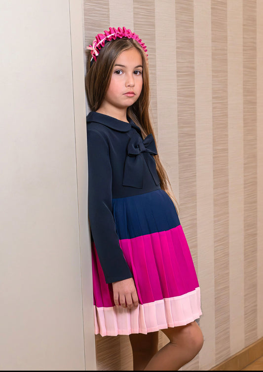 Rochy Girls Navy & Pink Pleated Dress