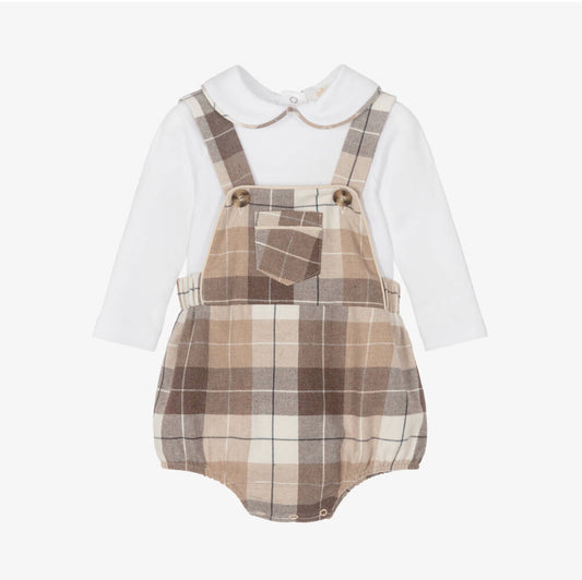 Caramelo Kids Baby Boy Beige Checked Dungaree Set